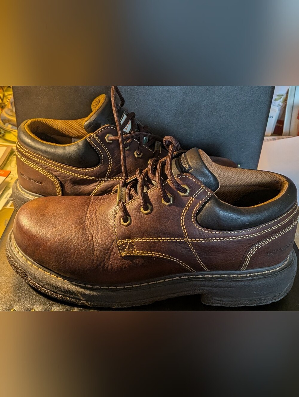 Men's Brown Leather Work Boots with Padded Collar - Durable Lace-Up